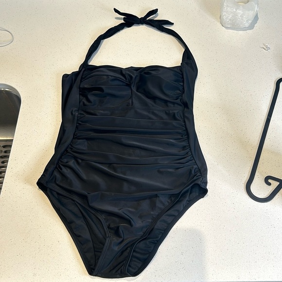 Halter One Piece Ruching Tummy Control Retro Bathing Suit, Black, Women Size XL - Picture 2 of 14